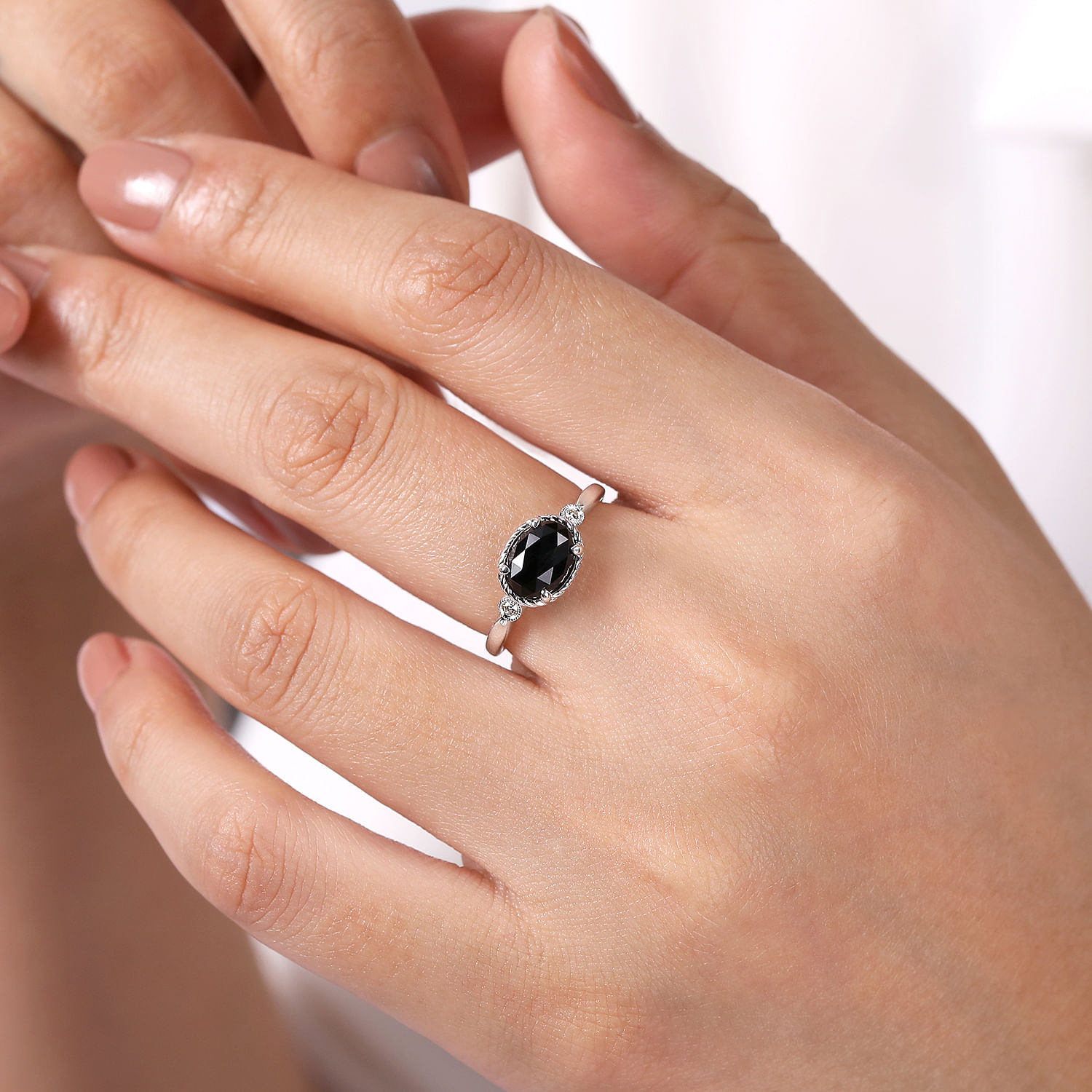 925 Sterling Silver Onyx and Diamond Ring