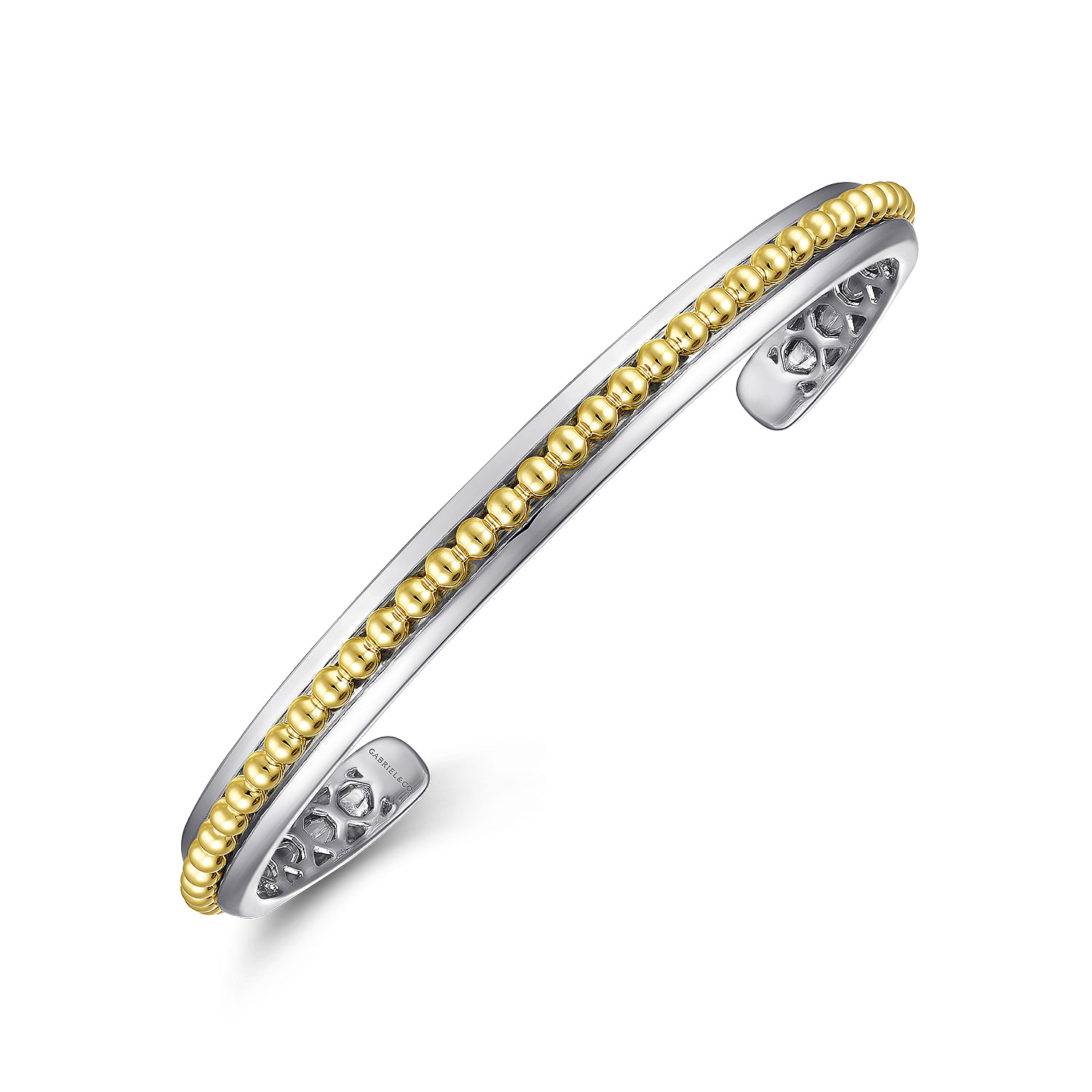 925 Sterling Silver Open Cuff Bracelet with 14K Yellow Gold Beads