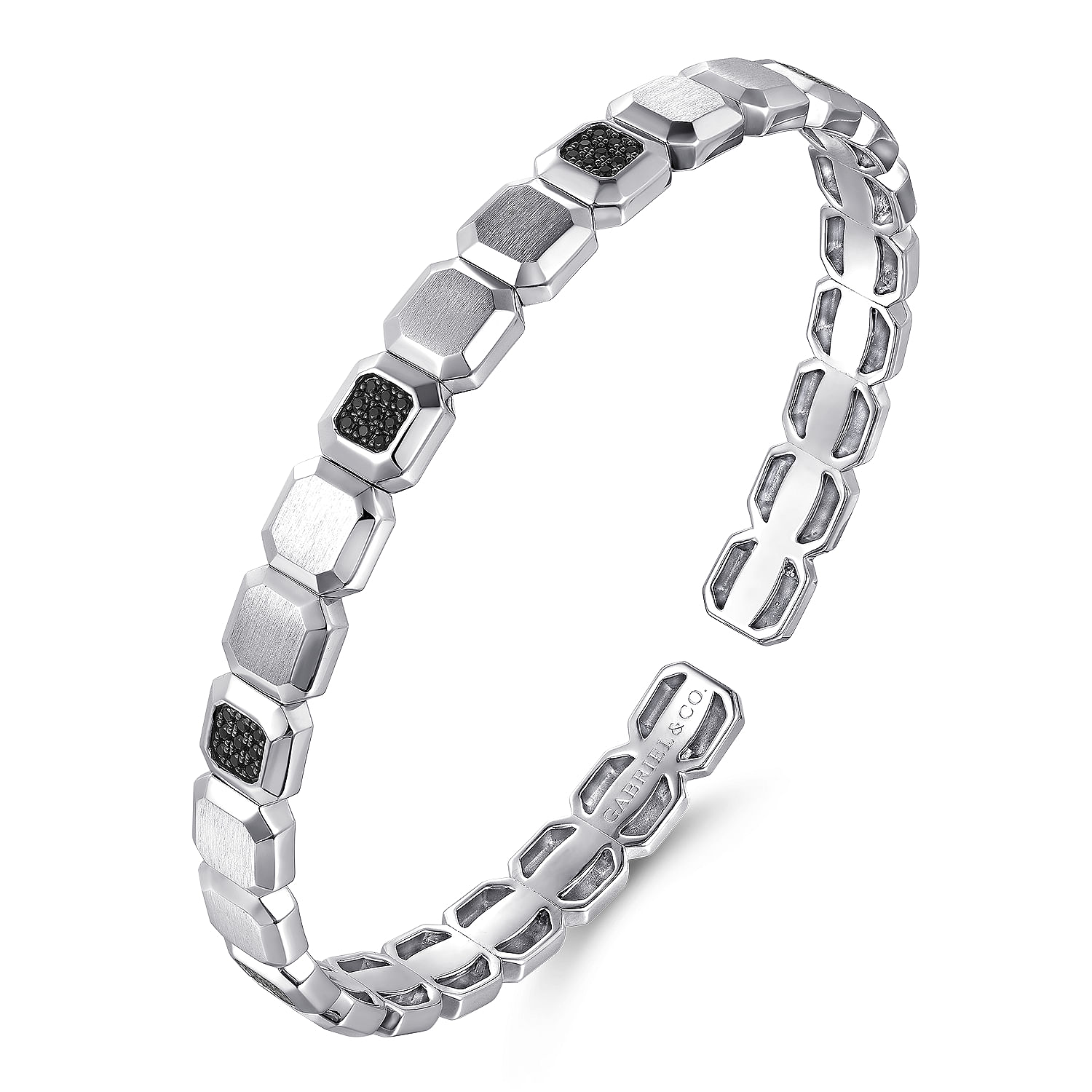 925 Sterling Silver Open Cuff Hexagon Bracelet With Black Spinel Stations