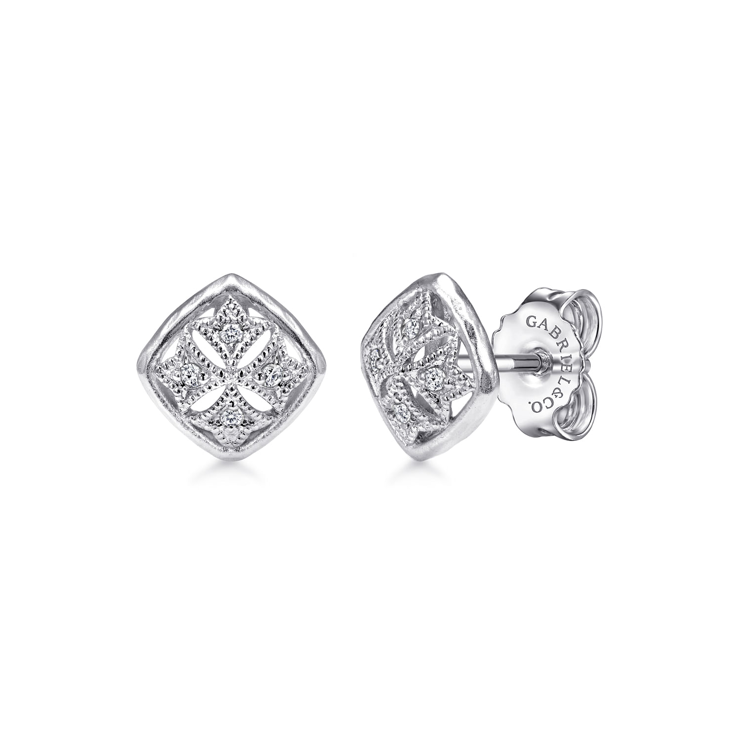 925 Sterling Silver Openwork Stud Earrings with Diamond Accents