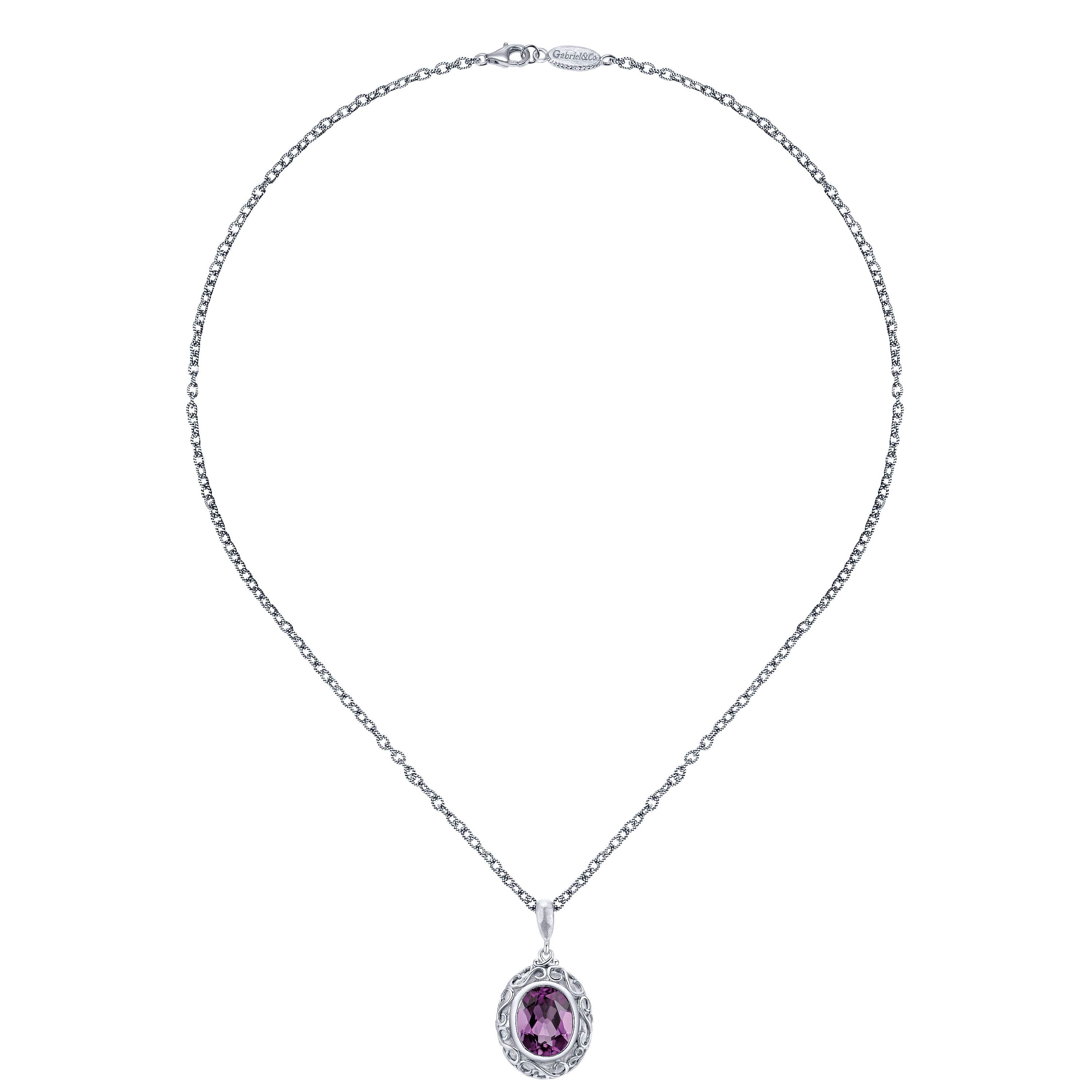 925 Sterling Silver Oval Amethyst Pendant Necklace