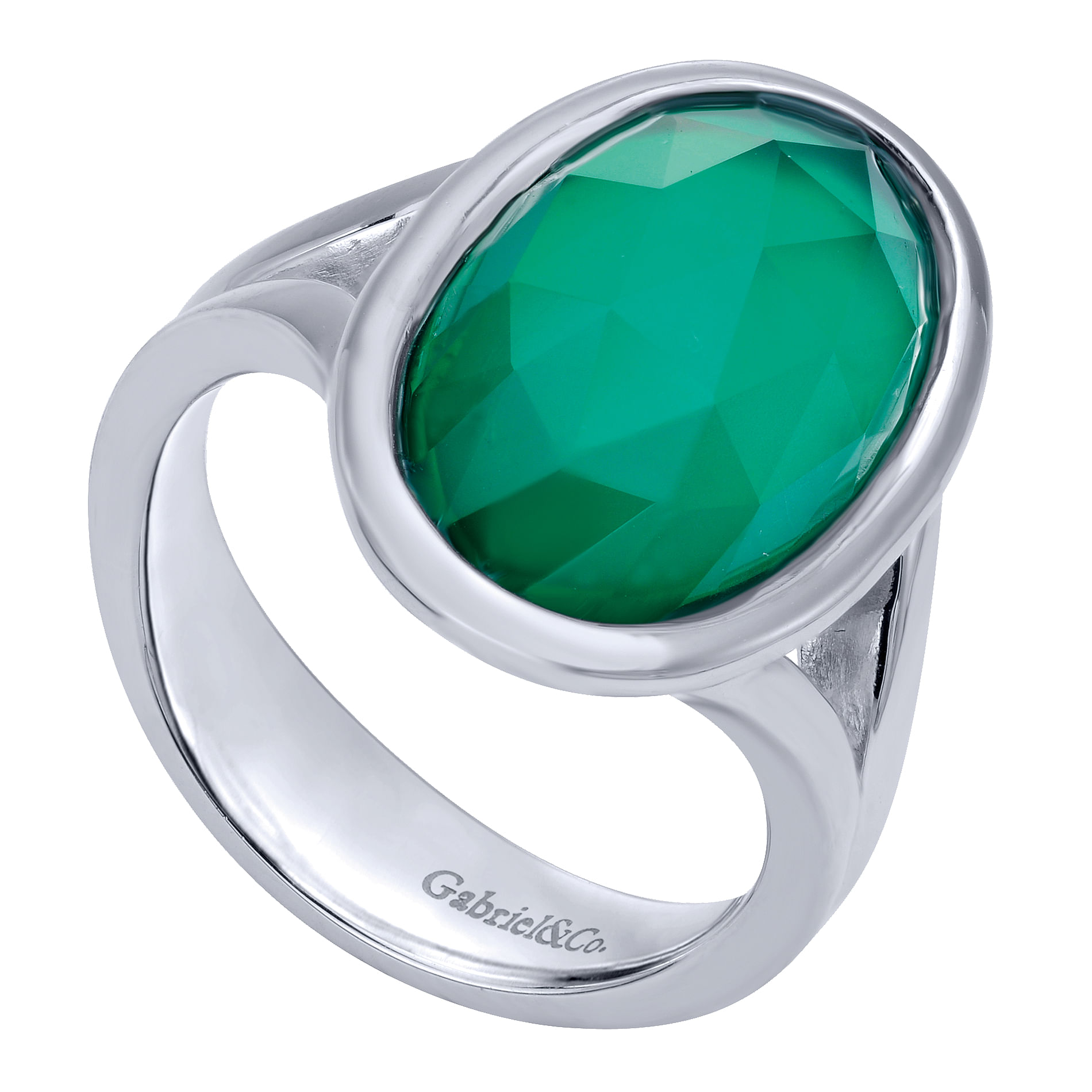 925 Sterling Silver Oval Rock Crystal & Green Onyx Ring