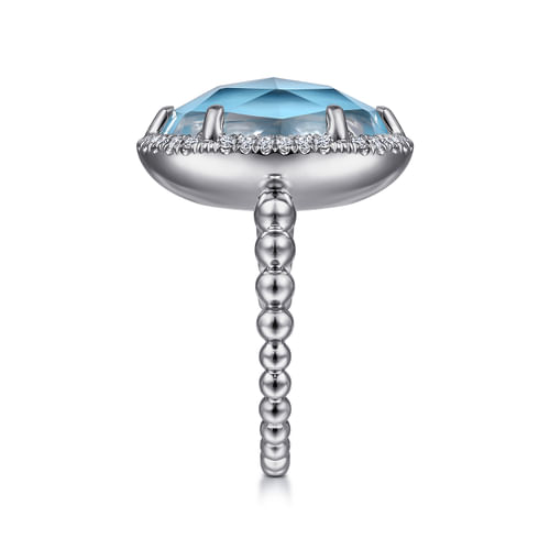 925 Sterling Silver Oval Rock Crystal and Turquoise Signet Ring with White Sapphire Halo