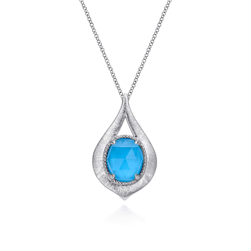 925 Sterling Silver Oval Rock Crystal and Turquoise Teardrop Pendant Necklace