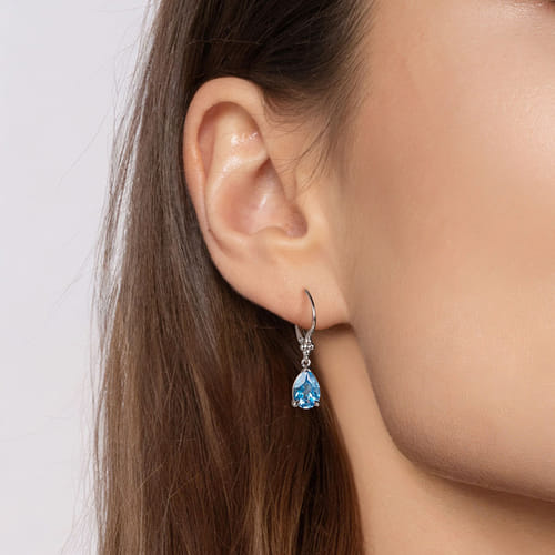 925 Sterling Silver Pear Blue Topaz Bujukan Drop Earrings