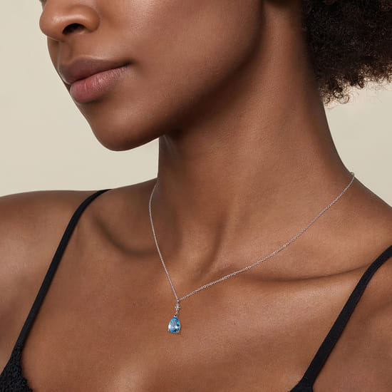 925 Sterling Silver Pear Blue Topaz Bujukan Pendant Necklace angle 3