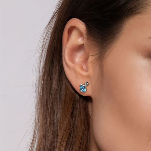 925 Sterling Silver Pear Blue Topaz Bujukan Stud Earrings