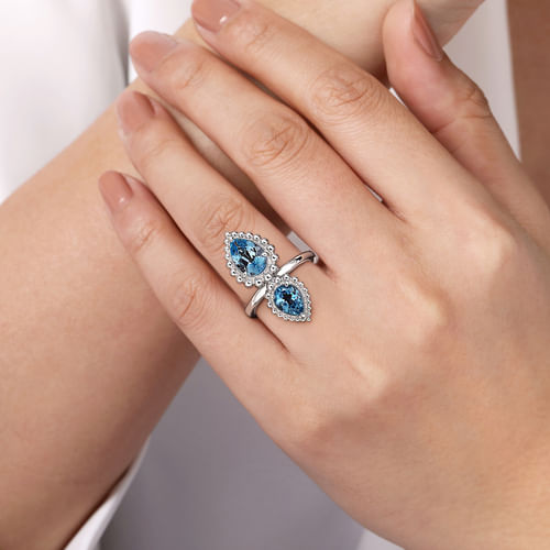 925 Sterling Silver Pear Shape Blue Topaz Bujukan Ladys' Ring