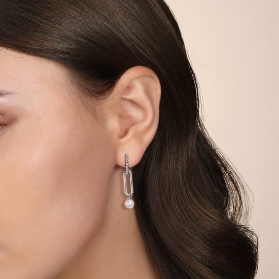 925 Sterling Silver Pearl Huggie Drop Earrings-Bujukan angle 2
