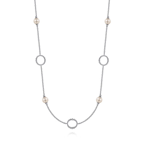 925 Sterling Silver Pearl and Open Circle Station Necklace