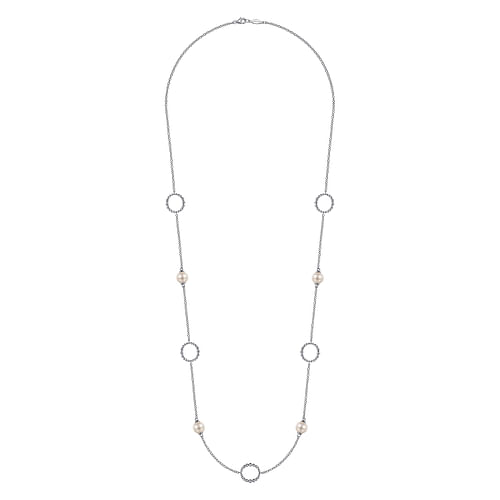 925 Sterling Silver Pearl and Open Circle Station Necklace