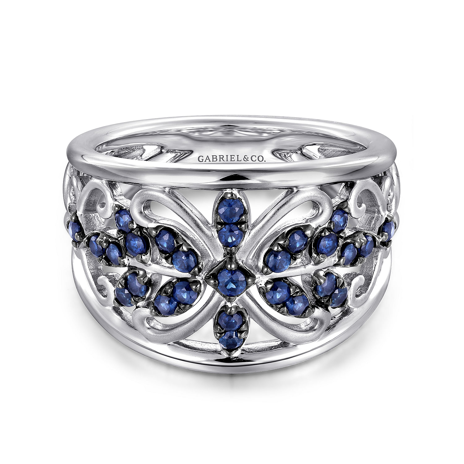 925 Sterling Silver Ring with Floral Sapphire Motif