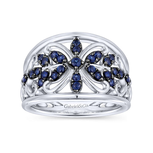 925 Sterling Silver Ring with Floral Sapphire Motif