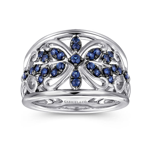 925 Sterling Silver Ring with Floral Sapphire Motif