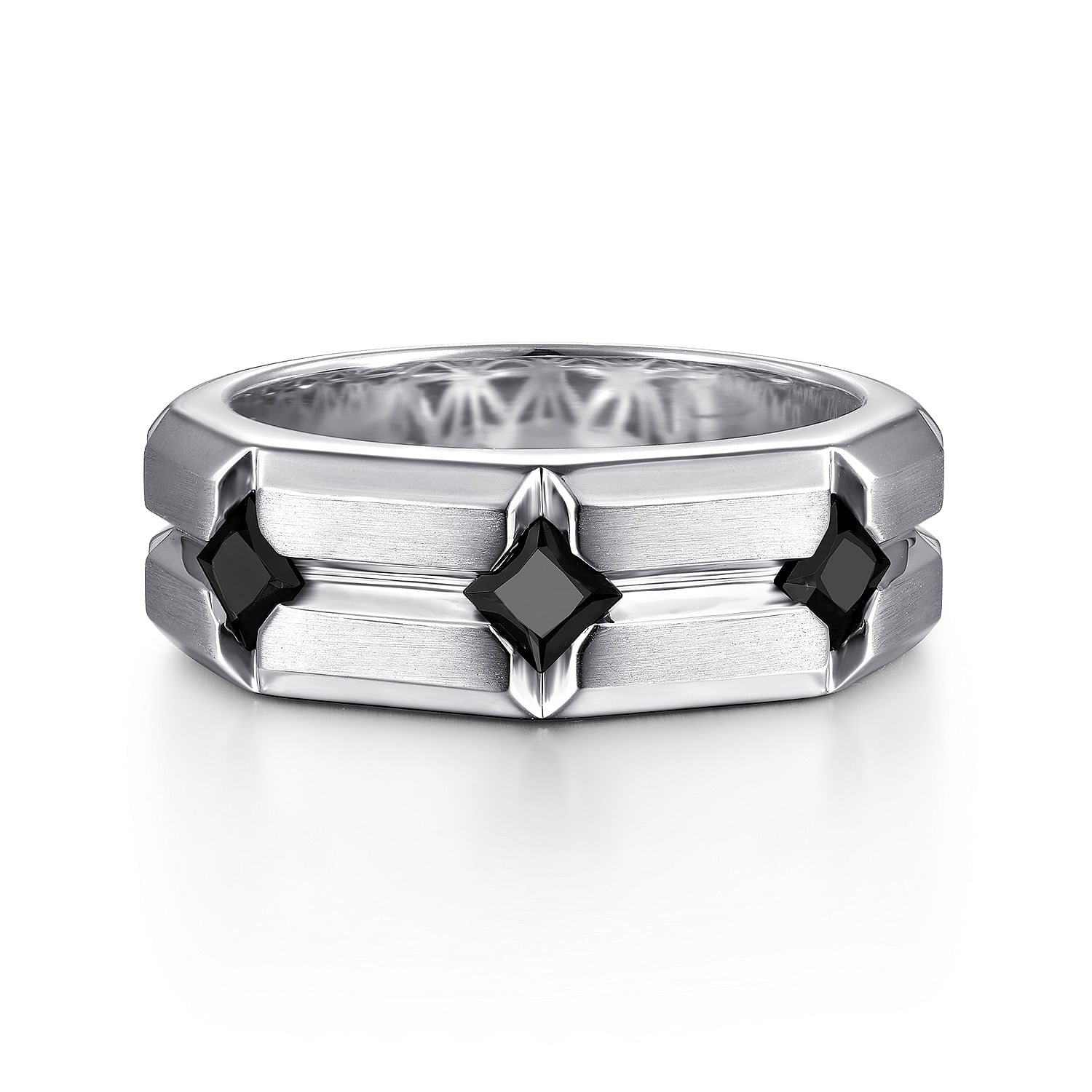 925 Sterling Silver Ring with Princess Cut Black Spinel Stations in Horizontal Brush Finish