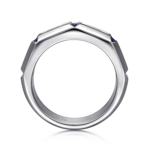 925 Sterling Silver Ring with Princess Cut Sapphire B quality Stations in Horizontal Brush Finish