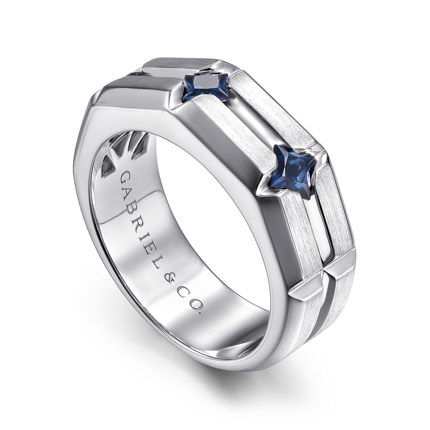 925 Sterling Silver Ring with Princess Cut Sapphire B quality Stations in Horizontal Brush Finish