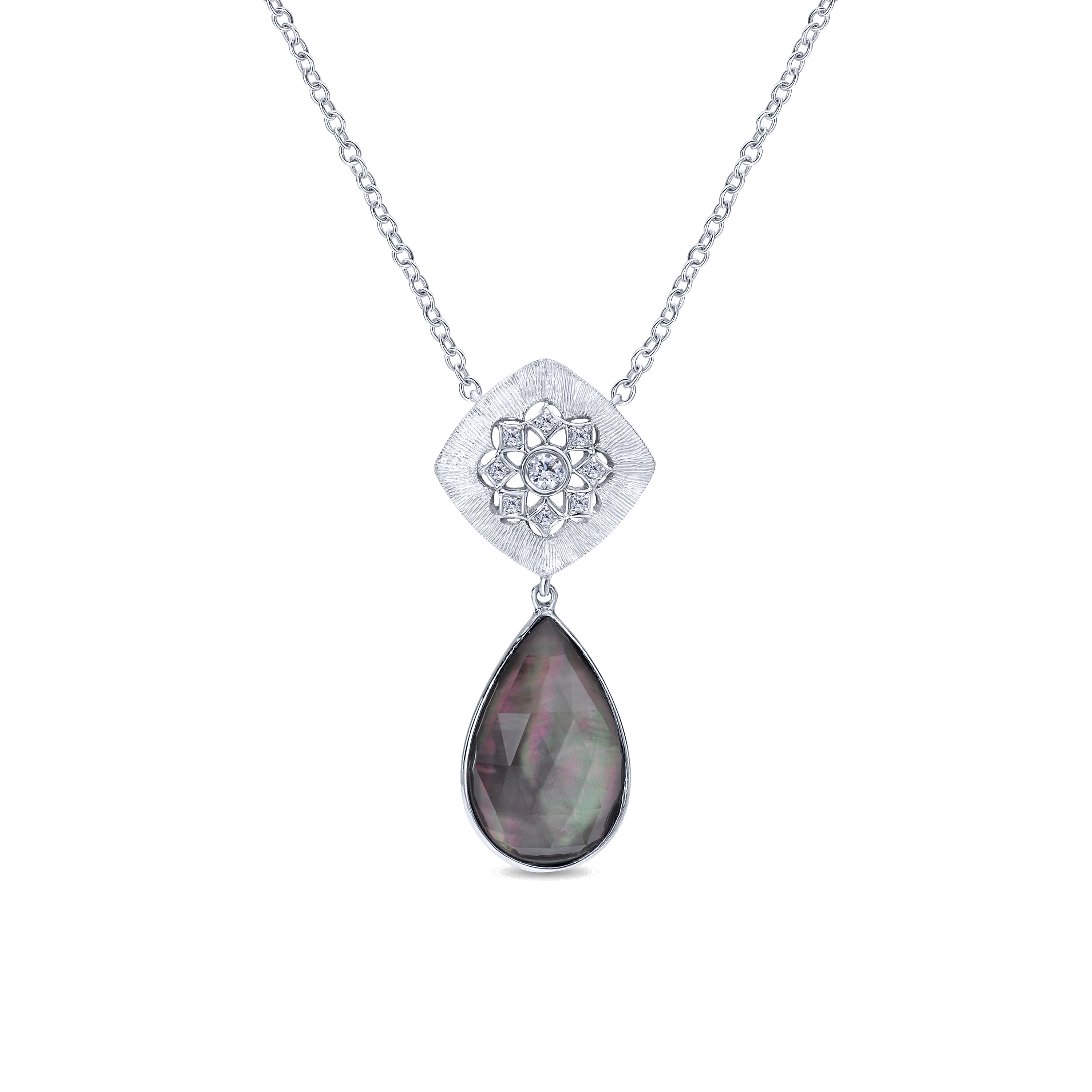 925 Sterling Silver Rock Crystal & Black MOP Doublet and White Sapphire Pendant Necklace