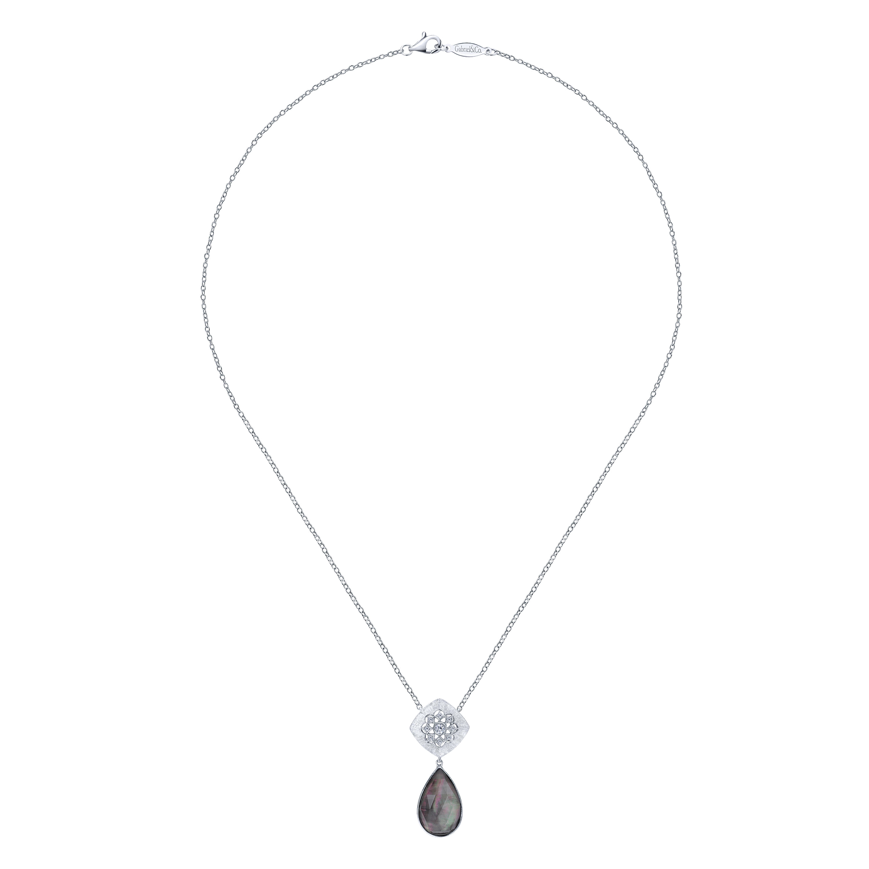 925 Sterling Silver Rock Crystal & Black MOP Doublet and White Sapphire Pendant Necklace