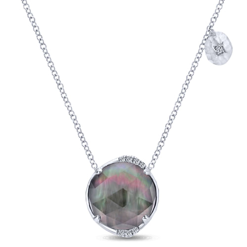 925 Sterling Silver Rock Crystal/Black MOP and Diamond Pendant Necklace