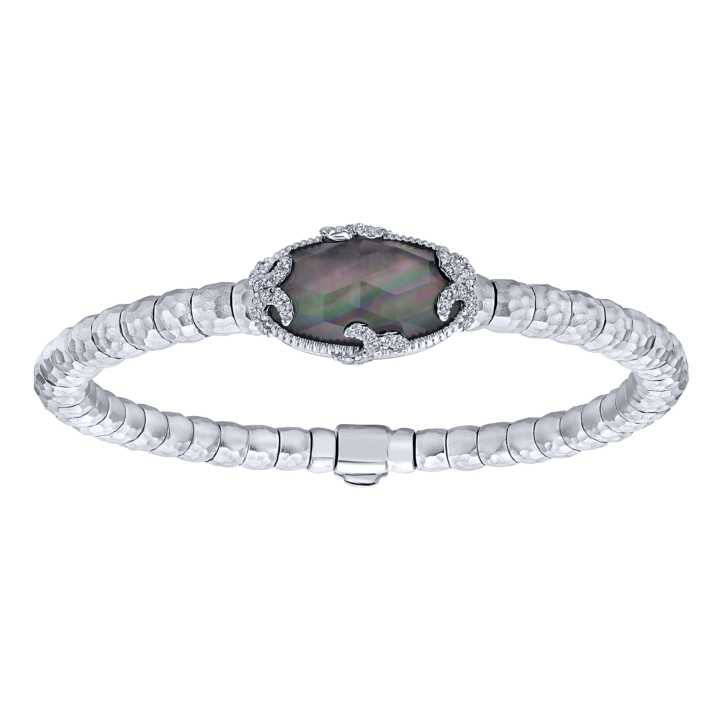 925 Sterling Silver Rock Crystal/Black MOP and White Sapphire Bangle