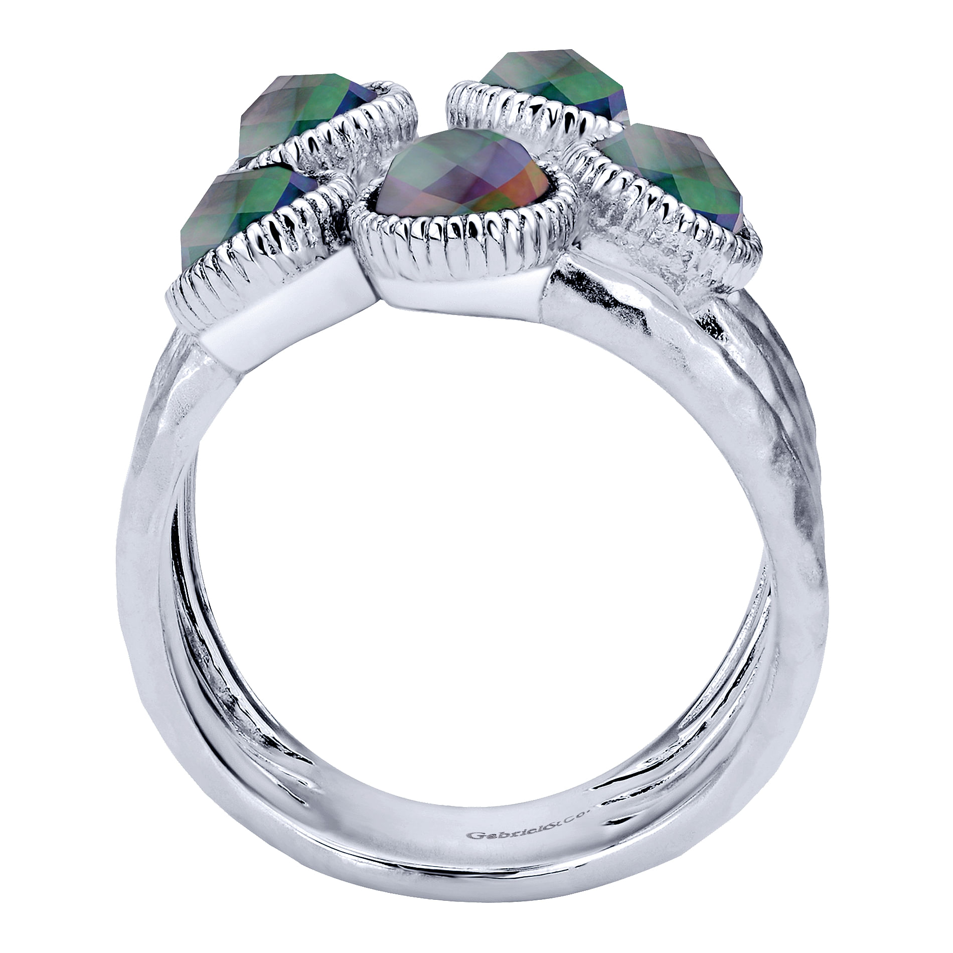925 Sterling Silver Rock Crystal/Black MOP with White Sapphire Multi Row Ring