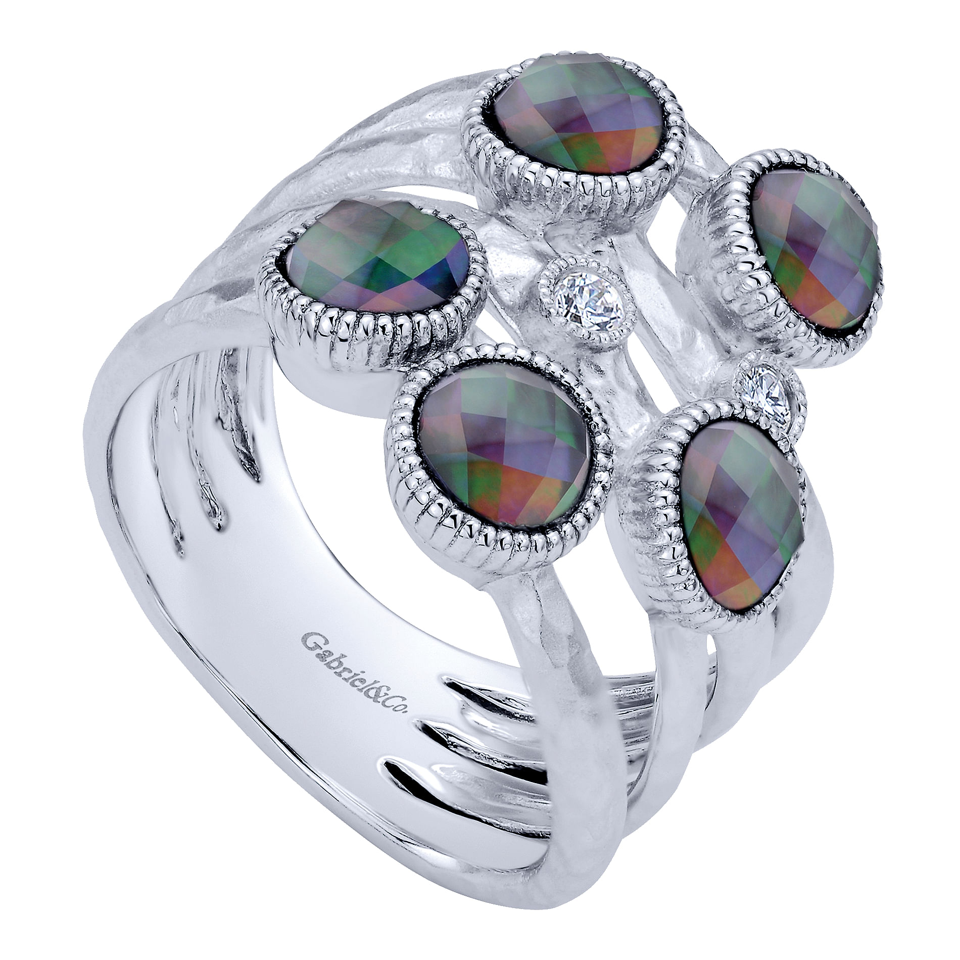 925 Sterling Silver Rock Crystal/Black MOP with White Sapphire Multi Row Ring