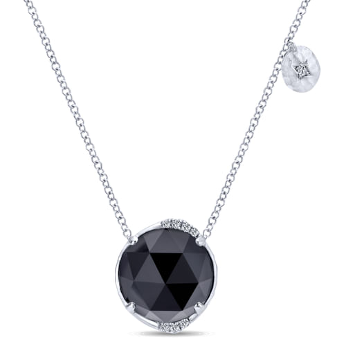925 Sterling Silver Rock Crystal/Black Onyx and Diamond Pendant Necklace