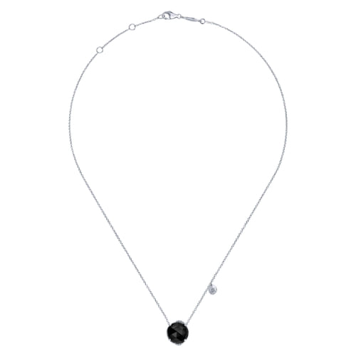 925 Sterling Silver Rock Crystal/Black Onyx and Diamond Pendant Necklace