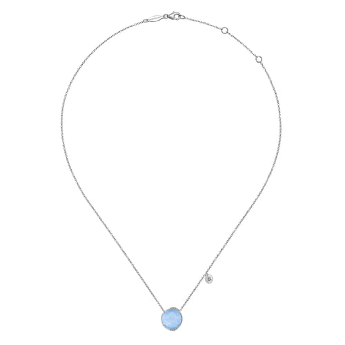 925 Sterling Silver Rock Crystal/Blue Jade and Diamond Pendant Necklace