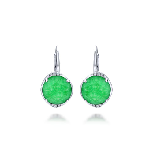 925 Sterling Silver Rock Crystal/Green Jade Diamond Drop Earrings