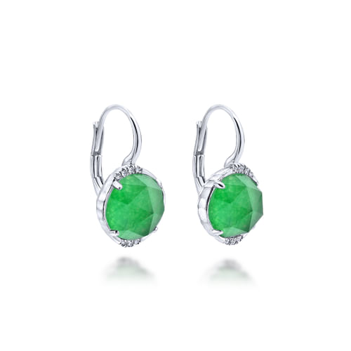 925 Sterling Silver Rock Crystal/Green Jade Diamond Drop Earrings