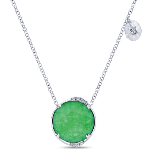 925 Sterling Silver Rock Crystal/Green Jade and Diamond Pendant Necklace