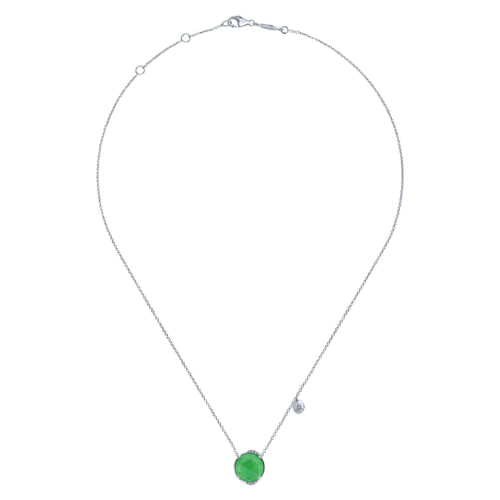 925 Sterling Silver Rock Crystal/Green Jade and Diamond Pendant Necklace