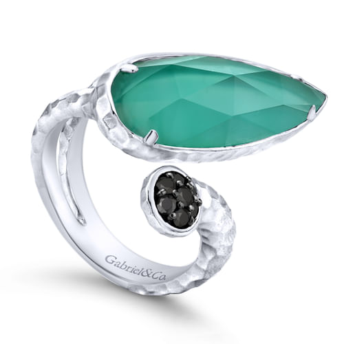 925 Sterling Silver Rock Crystal/Green Onyx Elongated Pear and  Ring