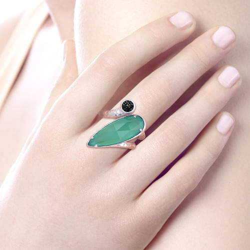 925 Sterling Silver Rock Crystal/Green Onyx Elongated Pear and  Ring