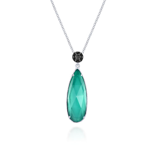 925 Sterling Silver Rock Crystal/Green Onyx Teardrop Pendant Necklace with Black Spinel