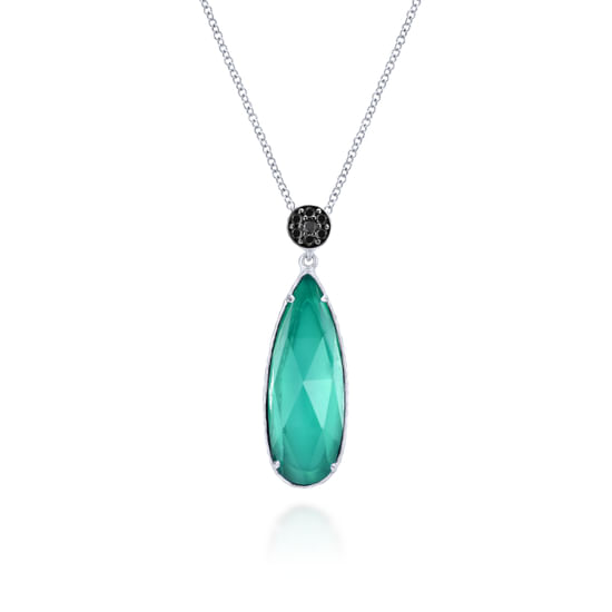 Gabriel - 925 Sterling Silver Rock Crystal/Green Onyx Teardrop Pendant Necklace with Black Spinel