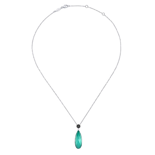 925 Sterling Silver Rock Crystal/Green Onyx Teardrop Pendant Necklace with Black Spinel