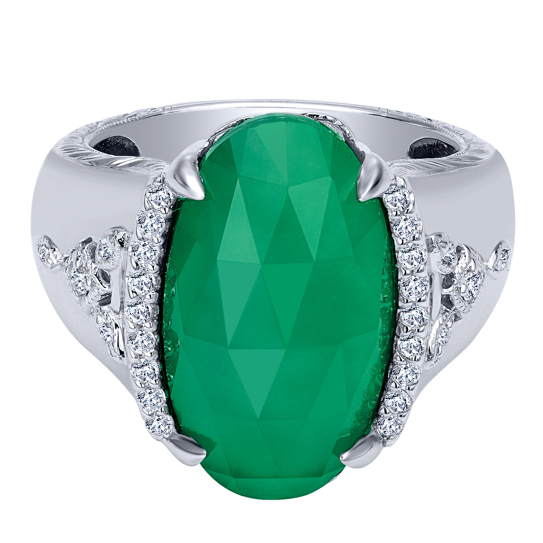 925 Sterling Silver Rock Crystal/Green Onyx/White Sapphire Oval Ring