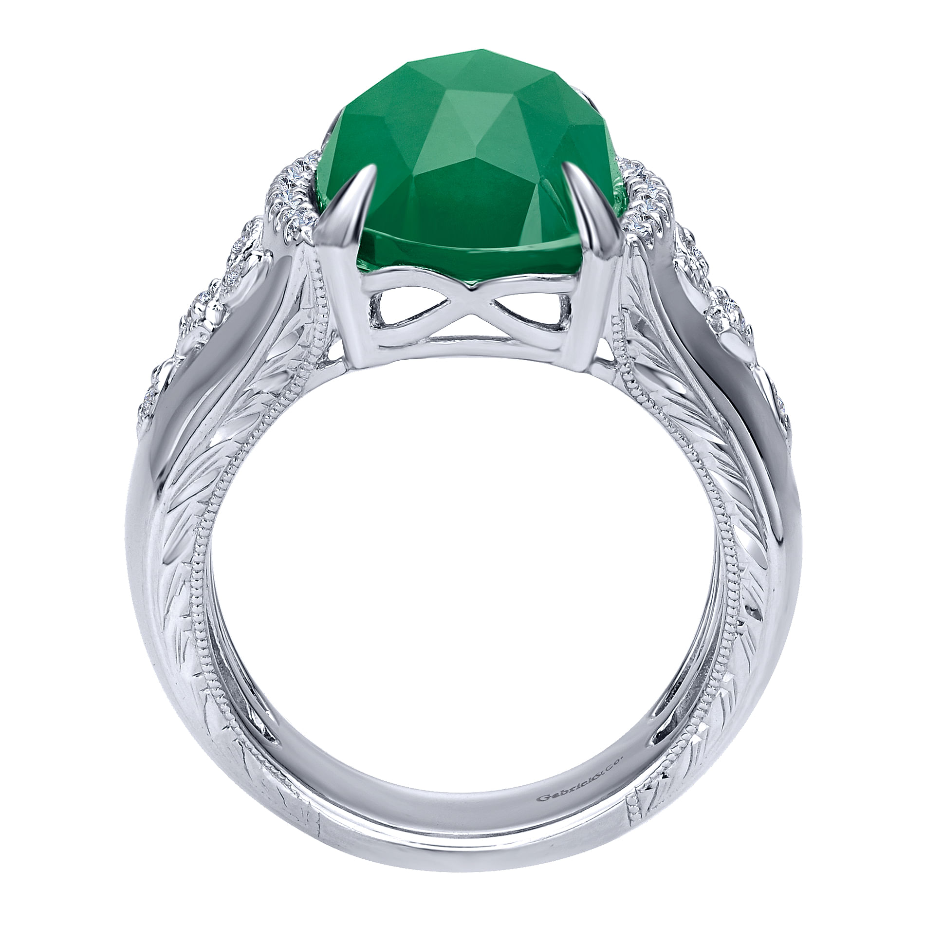 925 Sterling Silver Rock Crystal/Green Onyx/White Sapphire Oval Ring