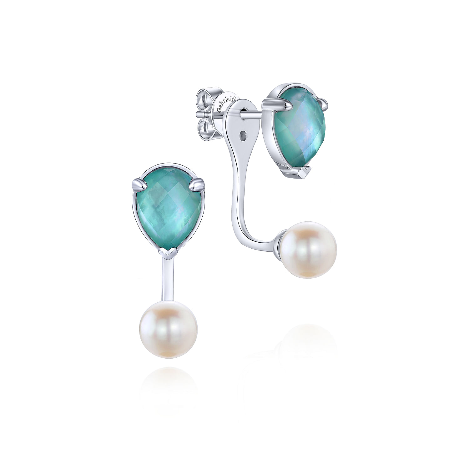 925 Sterling Silver Rock Crystal/Green Onyx and Pearl Peek a Boo Earrings