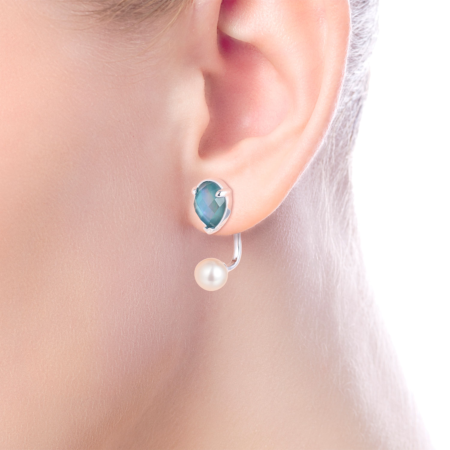 925 Sterling Silver Rock Crystal/Green Onyx and Pearl Peek a Boo Earrings