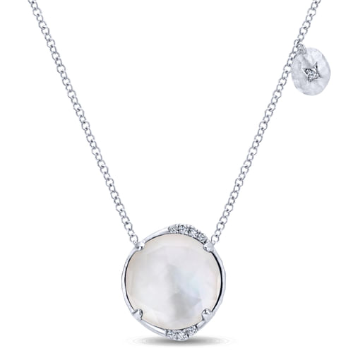 925 Sterling Silver Rock Crystal/MOP and Diamond Pendant Necklace