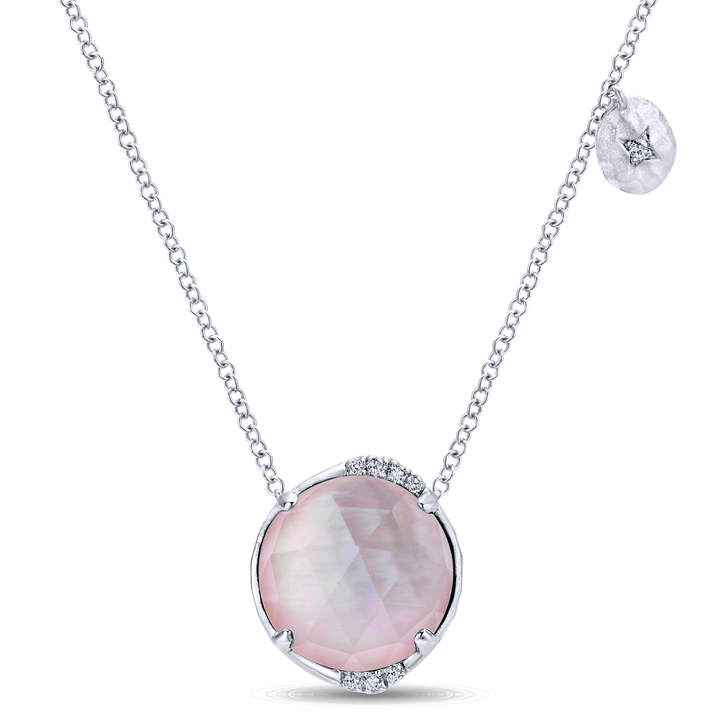 925 Sterling Silver Rock Crystal/Pink MOP and Diamond Pendant Necklace