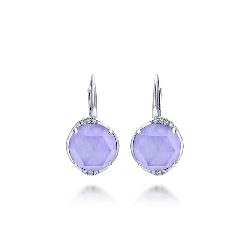 925 Sterling Silver Rock Crystal/Purple Jade Diamond Drop Earrings
