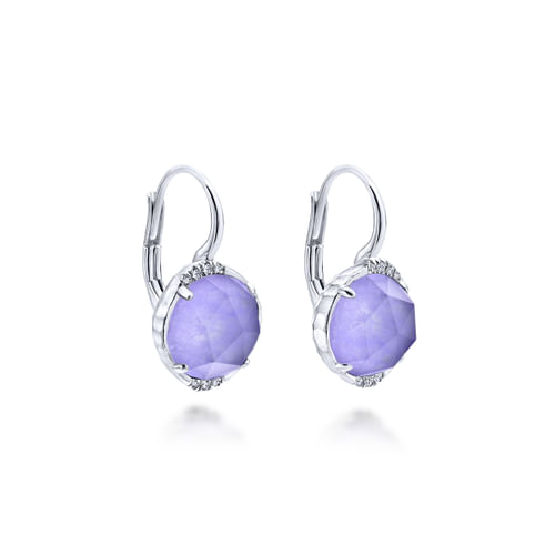 925 Sterling Silver Rock Crystal/Purple Jade Diamond Drop Earrings