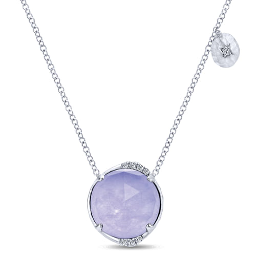 925 Sterling Silver Rock Crystal/Purple Jade and Diamond Pendant Necklace