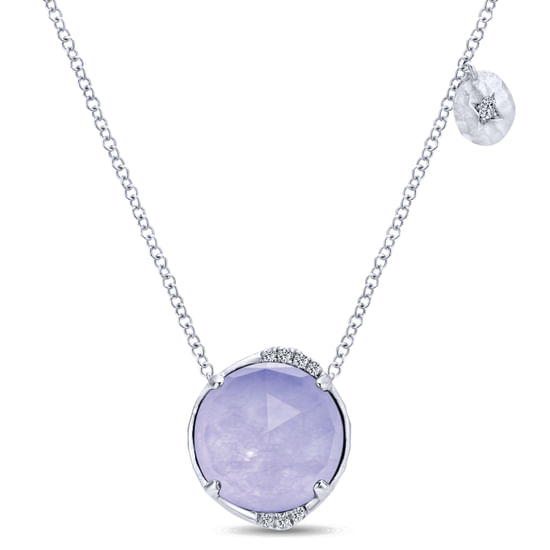 Gabriel - 925 Sterling Silver Rock Crystal/Purple Jade and Diamond Pendant Necklace