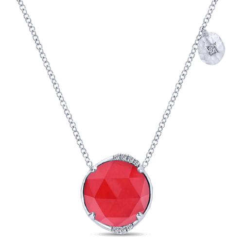 925 Sterling Silver Rock Crystal/Red Jade and Diamond Necklace